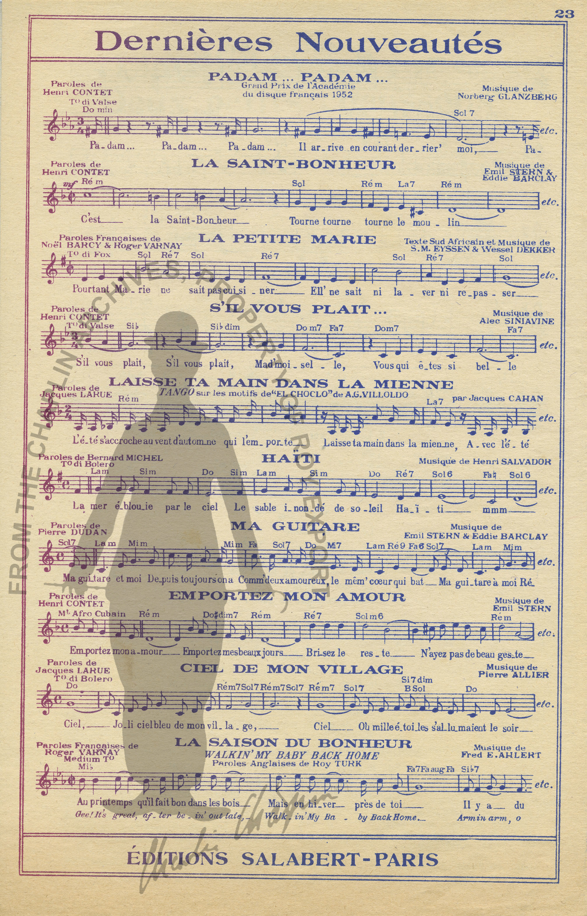 Topics, Topics, Oui! Tray Bong! : or my Pal Jones/written & composed by  Norton Atkins ; arranged by John S. Baker; Sung by Charles Chaplin