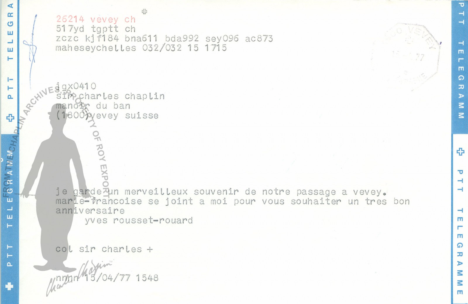 Search Search Telegram April 1977 Mahe Seychelles To Charles Chaplin Yves Rousset Rouard Charlie Chaplin Archive