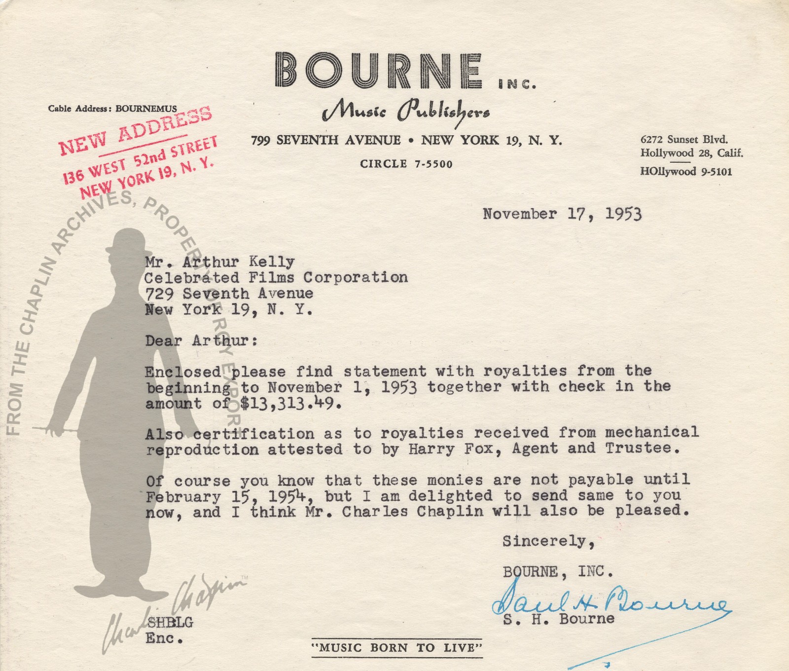 Search Search Letter 1953 November 17 To Arthur W Kelly Saul H Bourne Charlie Chaplin Archive