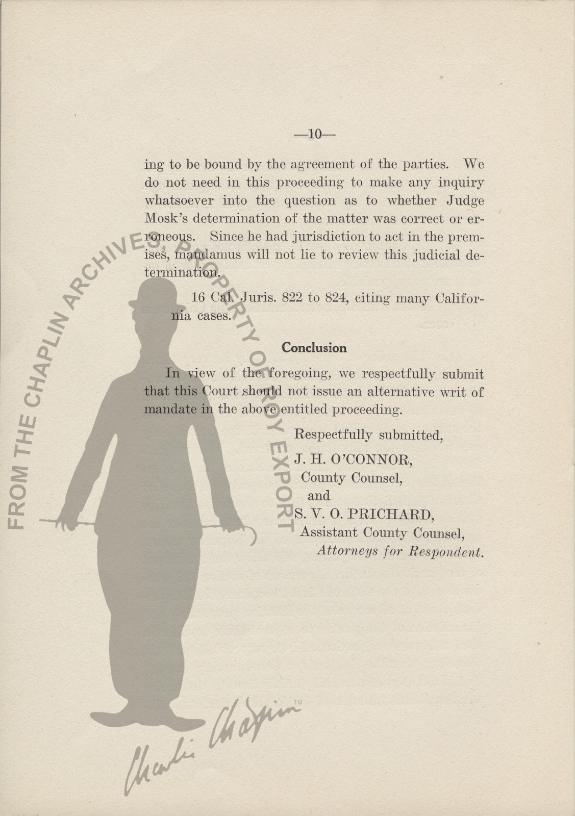 Search Search Charles Spencer Chaplin Petitioner Vs The Superior Court Of The State Of Califoria In And For The County Of Los Angeles Respondent Answer To Petition For Hearing